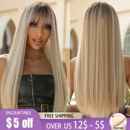 Perruques longues raies platine blonde ombre perruques synthétiques avec frange pour femmes afro cosplay perruque beige cheveux naturels résistants à la chaleur résistante