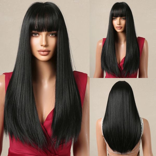 Pelucas largas rectas peluca sintética con flequillo pelucas de pelucas de pelo negro oscuro para mujeres cosplay pelucas de capas resistentes al calor del cabello