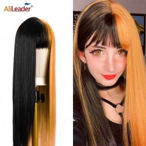 Perruques Perruque longue et droite perruque noire et orange perruque de cosplay longue de 26 pouces perruque bicolore avec frange pour femmes noires perruque longue cheveux synthétiques