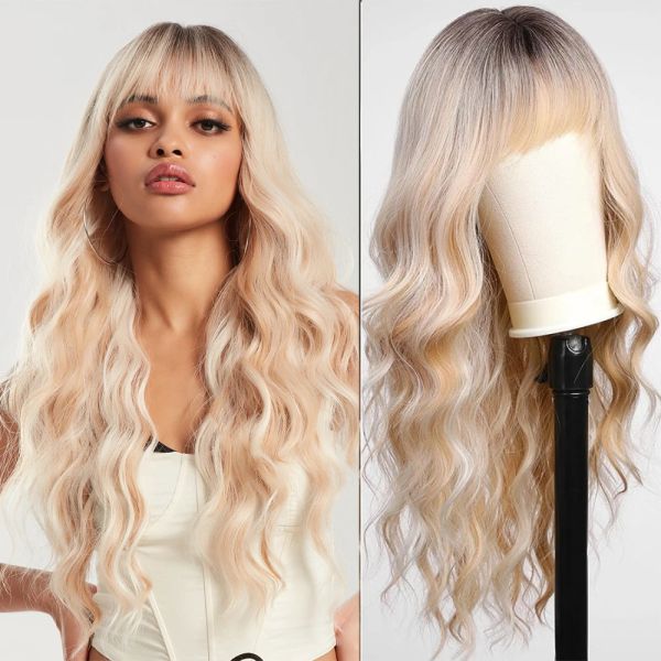 Pelucas Largas pelucas sintéticas de onda de agua con flequillo rubio rubio blanco peluca root negro ombre cabello rizado suelto para mujeres cosplay diario