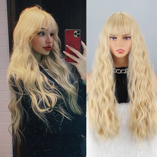 Perruques longues perruques synthétiques blondes ondulées pour femmes Perruques de cheveux naturels jaunes avec frange Cosplay résistant à la chaleur Lolita Hair Curly