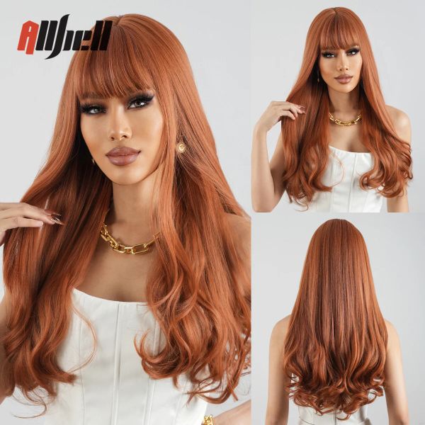 Perruques Longues Ondulées Cuivre Gingembre Rouge Brun Cheveux Perruque avec Frange Orange Cosplay Perruques pour Femmes Noires Naturel Quotidien Résistant À La Chaleur Fibre Perruque