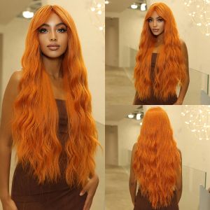 Pelucas largas pelucas sintéticas onduladas de jengibre para mujeres negras de color naranja peluca amarilla de cobre con flequillo Natural Super Long Body Wave Hair peluca