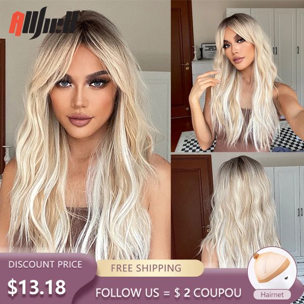 Perruques longues perruques synthétiques ondulées platine perruques ombre blondes avec une frange pour les femmes cosplayer les perruques de cheveux naturels fibre résistant à la chaleur