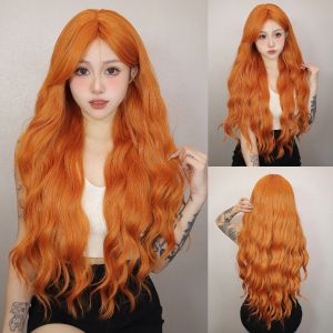 Perruques longues perruques ondulées avec une frange orange orange bouclé coloré perruque quotidienne pour les femmes cosplay de fête naturel utiliser des cheveux synthétiques doux résistants à la chaleur