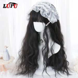 Perruques LUPU Lolita perruques de cheveux synthétiques pour femmes longue vague Blonde noir rose perruque avec frange Cosplay Halloween fibre haute température