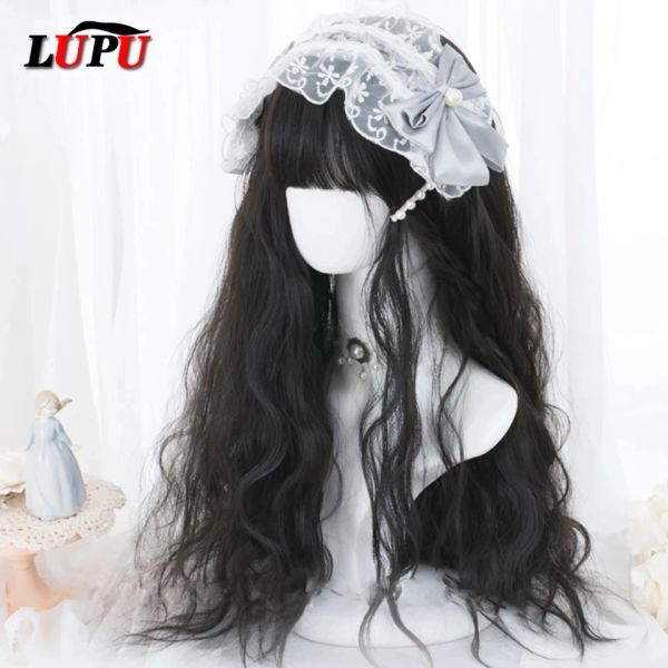 Pelucas LUPU Lolita pelucas de pelo sintético para mujeres peluca larga ondulada rubia negra rosa con flequillo Cosplay Halloween fibra de alta temperatura