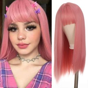 Pelucas LUPU peluca sintética larga recta Ombre rosa negro Rubio con flequillo pelucas de pelo de Cosplay de Lolita para mujeres pelucas resistentes al calor de Anime