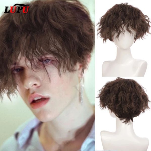 Pelucas LUPU sintético corto rizado peluca de pelo negro marrón natural falso pelo falso para hombres guapo Navidad Halloween resistente al calor