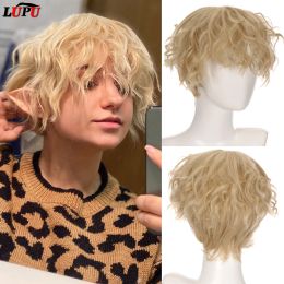 Perruques LUPU synthétique cheveux courts hommes perruque bouclée avec frange Cosplay garçons perruques pour fête quotidienne noir rose Anime haute température cheveux