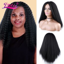 Perruques Lydia longues crépus droites perruques de cheveux synthétiques pour les femmes afro-américaines ligne de tête noir 1822 pouces Kanekalon Afro perruque