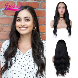 Perruques Lydia Long Wavy V partie noire 1B # Hair Wig résistant à la chaleur synthétique 22 pouces pour femmes dames bouclé 60 cm de fête quotidienne