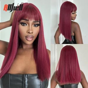 Perruques perruques synthétiques de longueur moyenne perruque droite rouge cerise avec frange pour femmes noires afro fête Cosplay Wigs résistant à la chaleur
