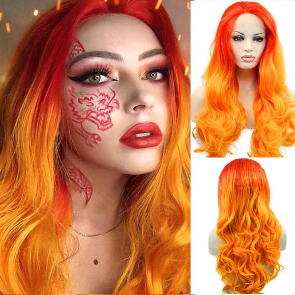 Perruques Melody Long Wavy Synthetic Lace Lace Front Wig Ombre Orange, cuivre, perruque en dentelle colorée blanche blonde pour femmes Wigs Cosplay Halloween