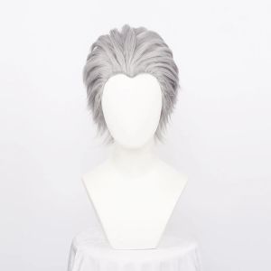 Perruques Men's Men's Synthetic Vergil Cosplay Wig Short Silver Grey Slikedback Hair Hoil résistant à la chaleur Perruque + perruque Capuche
