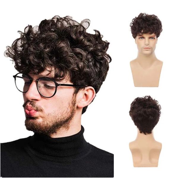 Pelucas Pelucas para Hombres Peluca sintética marrón Corta con Flequillo Cabello Falso Rizado para Disfraz de Halloween Masculino Peluca Natural para Cosplay