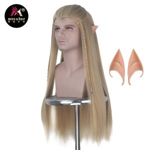 Pruiken Miss U Haar Synthetisch Lang Recht Heren Asblond Haar met 2 Vlechten Halloween Cosplay Kostuum Pruik met Elfenoren