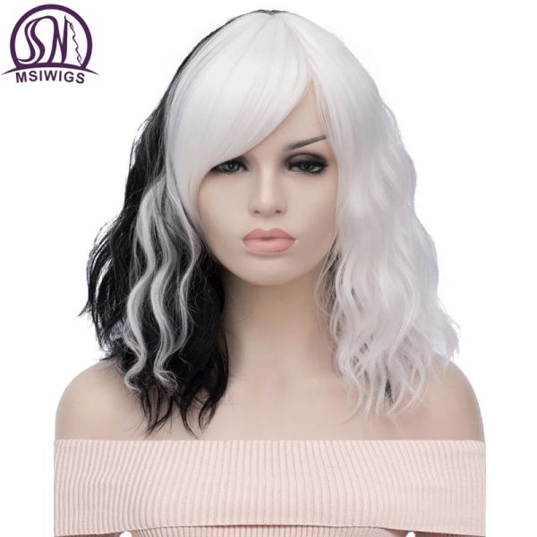 Perruques MSIWIGS – perruques de Cosplay noires et blanches pour femmes, perruque synthétique courte ondulée violette arc-en-ciel résistante à la chaleur