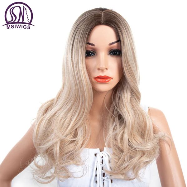 Perruques MSIWIGS Lady perruques synthétiques bouclées longues perruque blonde ombrée naturelle pour femmes gris argenté 21 pouces cheveux résistants à la chaleur