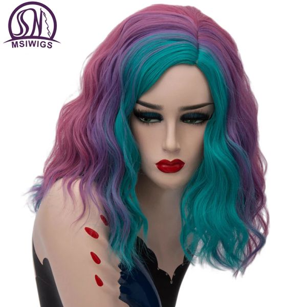 Perruques msiwigs courts cosplay perruques synthétiques pour femmes arc-en-ciel saillants couleurs perruques ondulées côté la cheveux centrale