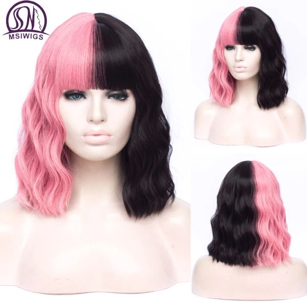 Pelucas msiwigs cortos dos tonos negros rosa rojo color púrpura wig cosplay bobo ombre síntesis ondulada para mujer blanca cos