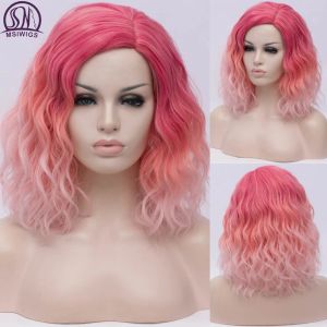 Perruques Msiwigs femme Two Tone Short Pink Blue Wigs courte Curly ombre Synthetic Hair Wig for Black White Women Cosplay Bob Wigs