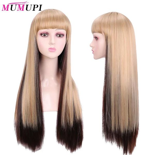 Perruques MUMUPI – perruque synthétique longue et lisse avec frange, perruque blonde ombrée brune pour femmes noires, cheveux résistants à la chaleur pour Cosplay