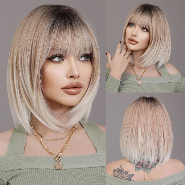 Perruques NAMM Ash Ombre Bob Blonde Femmes Perruque pour Femmes Fête Quotidienne Courte Perruques Droites Perruques Synthétiques avec Frange Moelleuse Résistant À La Chaleur