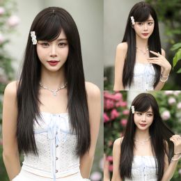 Wigs NAMM Dark Brown Lang rechte pruik voor vrouw Daily Party Cosplay Midden Deel Natuurlijke synthetische pruik hittebestendige vezels