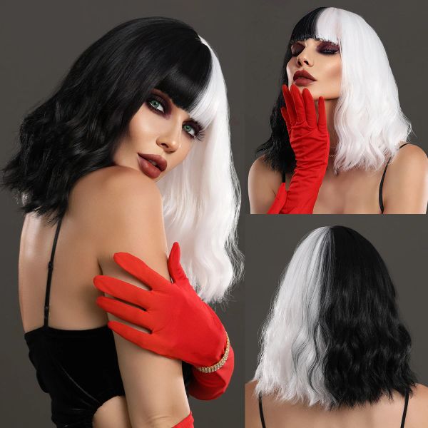 Pelucas NAMM Peluca de Cosplay de Halloween Peluca de Pelo sintético Negro con Blanco Peluca Ondulada Natural Bob con Flequillo Pelucas Cruella Devil para Uso de Mujeres