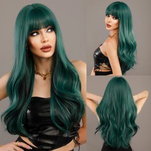 Wigs NAMM LAVENDER Lange golvende groene pruik voor vrouwen Dagelijkse cosplay Party Synthetische lange haarpruik met donzige pony hittebestendige vezels