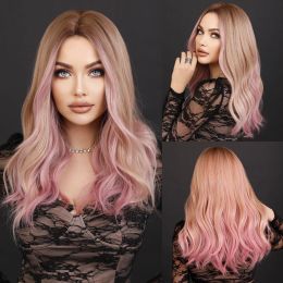 Perruques NAMM Long Wavy Ombre Blonde Wig For Women Daily Cosplay Natural Middle Part Synthetic Pink Wigs Rendre la chaleur Lolita Wig