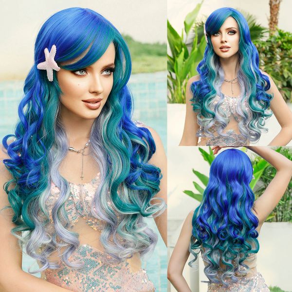 Pelucas Namm Mermaid Long Blue Purple Gradientwigs para mujeres Peluca sintética popular para cosplay Halloween Cabello de alta densidad de alta densidad