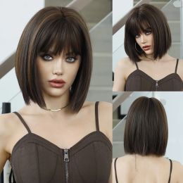 Wigs NAMM Korte rechte donkerbruine pruik voor vrouw Daily Cosplay Lolita Wig Markeer oranje bob pruiken synthetisch haar warmtebestendig