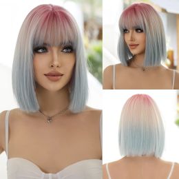 Perruques NAMM courte droite rose dégradé bleu perruques avec frange perruque de cheveux synthétiques naturels pour les femmes quotidien Cosplay Lolita fête perruque