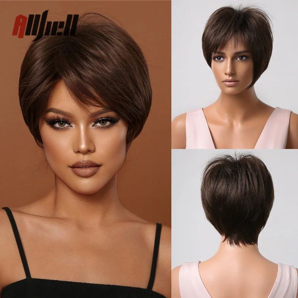 Pelucas Peluca de pelo sintético marrón Natural con flequillo pelucas cortas de corte Pixie para mujeres Afro diario Cosplay pelo falso femenino resistente al calor