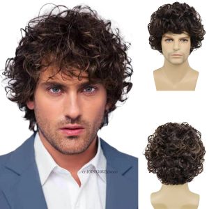 Pelucas Peluca rizada natural para hombre Peluca corta sintética Hombres Mezcla española Color marrón Pelucas de cosplay Peluca de bomba grande Fiesta de disfraces de Halloween