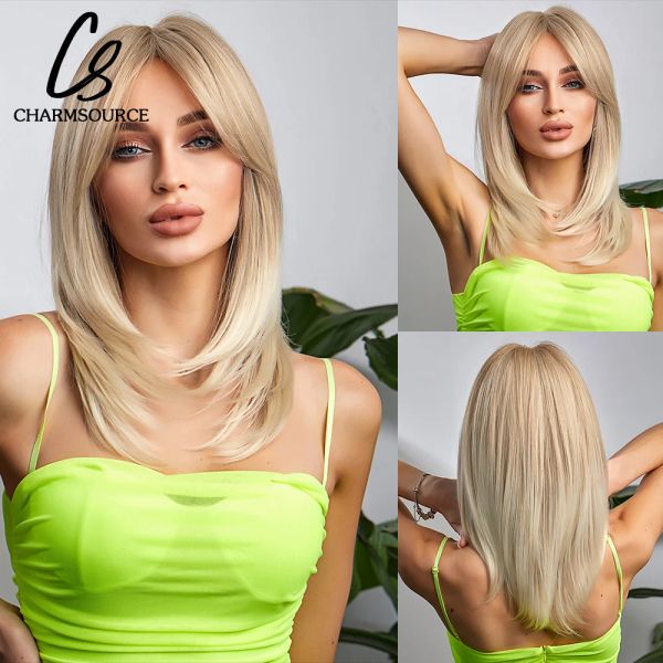 Perruques synthétiques blondes ondulées naturelles, cheveux superposés de longueur moyenne avec frange latérale pour femmes, fête quotidienne, Cosplay, fibre résistante à la chaleur