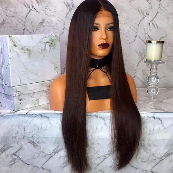 Pelucas Nuevo 360 frontal de encaje Peruca Cabelo Negro Ombre Peluca marrón oscuro con pelo de bebé Pelucas sintéticas largas y rectas para mujeres Cosplay