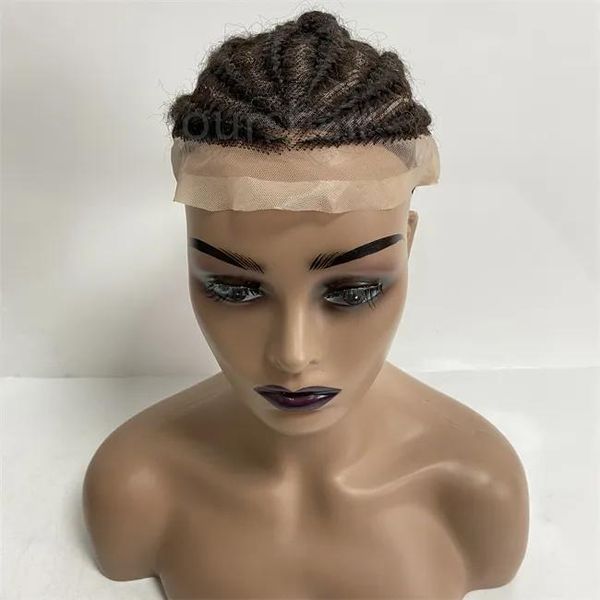 Pelucas ¡NUEVO! Sistemas de cabello humano virgen europeo Trenzas de maíz afro Color negro azabache 1 # 8x10 Unidad de encaje completo para mujer negra