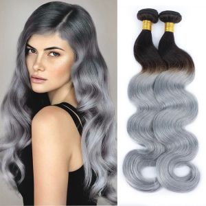 Pruiken Nieuwe omma's oma Grijs Braziliaanse Body Wave Hair Bundels 3/4 PCS 1B Zilvergrijs 2 Tone Ombre Human Maagd haar Golvende weefsels