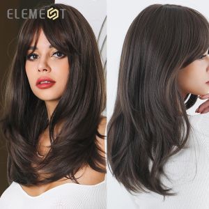 Perruques Nouvelles perruques plus droites synthétiques Longues perruques brunes noires avec frange latérale Wigs de lady aux femmes pour femmes afro-américaines