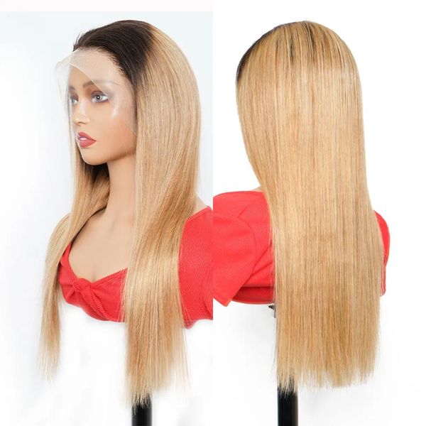 Perruques Ombre miel blond os droit perruque de cheveux humains 13x4 HD Transparent dentelle frontale perruque pour les femmes indien Remy cheveux 4x4 fermeture perruque Pr