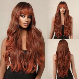 Pruiken Ombre Rood Bruin Lang Golvend Synthetische pruiken met pony Natuurlijk golvend Oranje Cosplayhaar Pruik voor Dames Afro Feestgebruik Hittebestendig