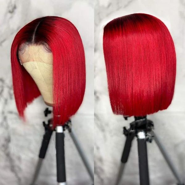 Perruques ombre rouges borgogne courte courte bob avec bangs partie intermédiaire dentelle bob perruques de cheveux humains pour femmes noires perruques de cheveux brésiliens