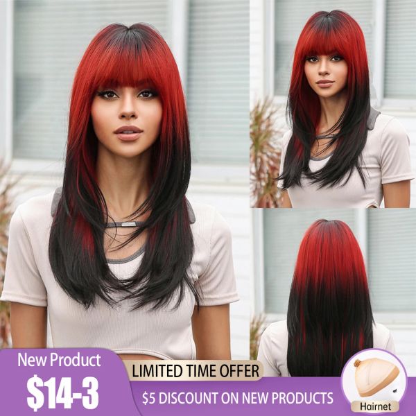 Pelucas Pelucas de pelo sintético de color rojo a negro con flequillo Peluca recta de capas largas Disfraz de fiesta de color Cabello resistente al calor para mujeres