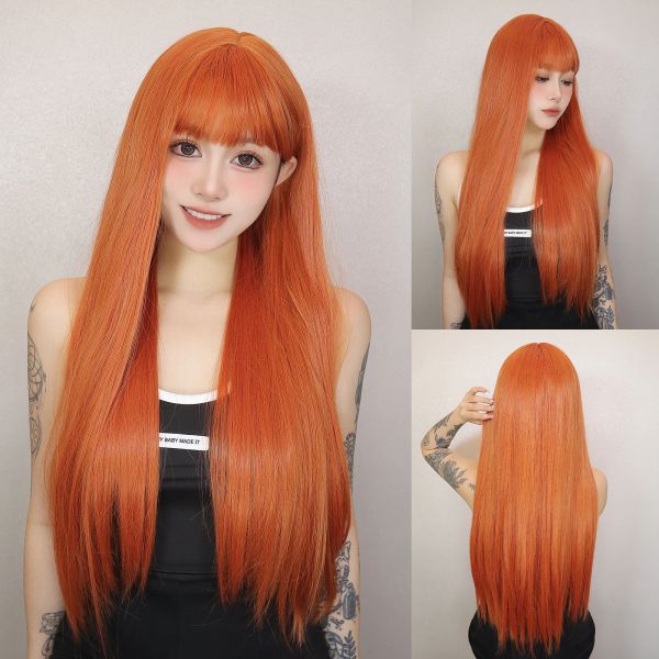 Perruques orange perruques raises colorées avec une frange longue coiffure synthétique de cosplay soyeux doux pour femmes piron de fête naturel résistant à la chaleur