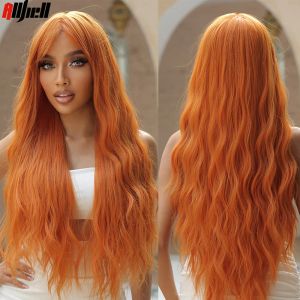 Pruiken Oranje Koperkleur Lang Krullend Losse Golf Synthetische Pruik Cosplay Haar voor Vrouwen met Pony Pruik Halloween Kostuum Hittebestendig