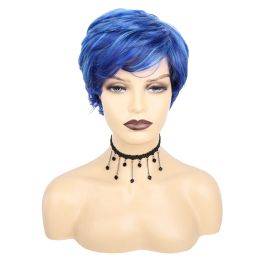 Perruques oucey Blue Short Wig résistant à la chaleur Fibre Synthétique Perruque Natural Wavy Cosplay Wigs for Women Pixie Cut Wig avec une frange