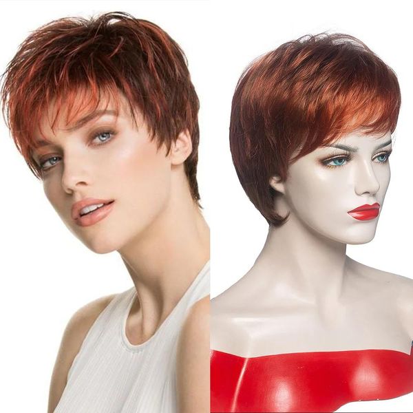 Pelucas OUCEY Pixie Cut peluca rubia rosa con flequillo pelucas sintéticas de pelo liso corto para mujeres pelucas naturales de fibra resistente al calor